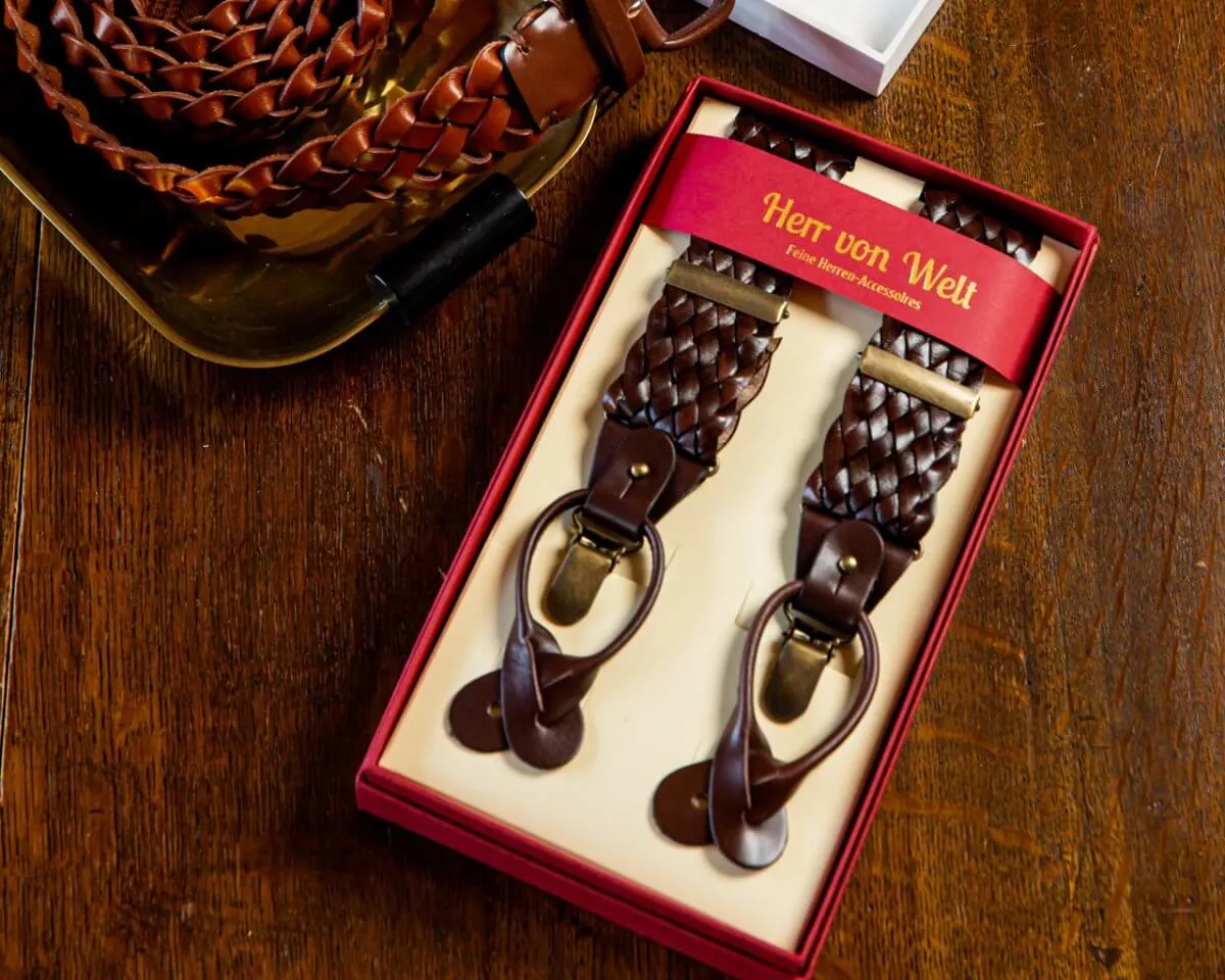 Suspenders Braided Leather Dark Brown Combine Wide - view 2